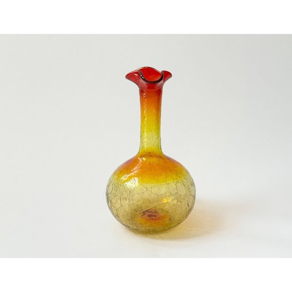 SOLD - Blenko Amberina Crackle Ombre Glass MCM Handkerchief Bulbuous Vase - Picture 8 of 8